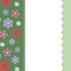 Fototapeta na wymiar ribbon green with field multicolored flowers poppy forget-me-not daisy white napkin with openwork edge on light green decor background vector drawing