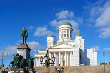 Cathedral and monument to Russian Emperor Alexander II in the Old Town of Helsinki, Finland
