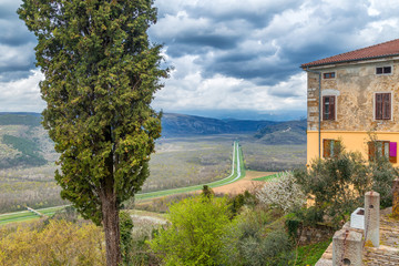 View from a The Motovun historic town on the mountainous landscape in the interior of the peninsula of Istria, Croatia, Europe.