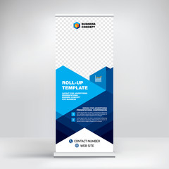Roll-up, advertising banner template, stand for presentations, exhibitions, promotional products, conferences, seminars, photo placement, text, geometric blue background