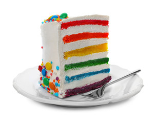 Plate with slice of delicious rainbow cake on white background