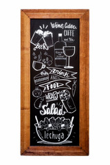Restaurant menu drawing with chalk on blackboard background.