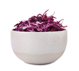 Bowl with chopped red cabbage on white background