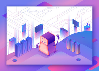 Fototapeta premium Artificial intelligence concept with robot and network, isometric 3d illustration with smartphone, laptop, mobile gadget, modern data storage banner, landing page background