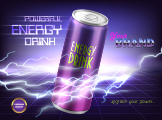 Vector promotion banner of powerful energy drink. Aluminum can with carbonated tonic, soda, alcoholic beverage on purple background with lightnings and electrical discharges. Mockup for brand design