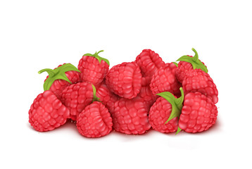 Vector realistic heap of red ripe raspberry isolated on background. Natural summer fruit, forest berry with sweet taste. Ingredient for juices, jams, yogurts, compotes. Mockup for package design