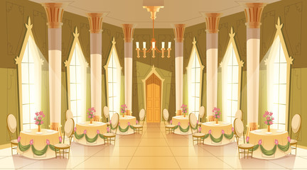 Vector cartoon illustration of castle hall, ballroom for dancing, royal receptions, dinners or banquets. Interior of big luxurious room with dance floor, chandelier, columns, tables in medieval palace - obrazy, fototapety, plakaty