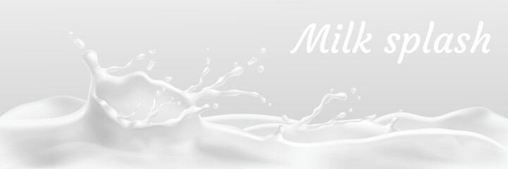 Vector realistic white milk splash, flowing yogurt or cream isolated on background. Dairy product, abstract horizontal wave with milky crown and drops. Template for advertising, package, label design