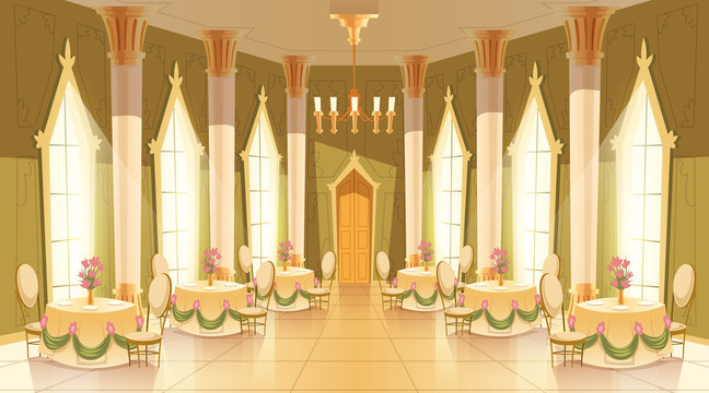Vector cartoon illustration of castle hall, ballroom for dancing, royal receptions, dinners or banquets. Interior of big luxurious room with dance floor, chandelier, columns, tables in medieval palace