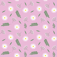 Fototapeta na wymiar spring small white flowers green leaves branches pattern on a pink background seamless vector