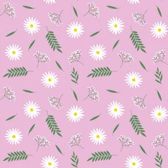 Zelfklevend Fotobehang lente kleine witte bloemen groene bladeren takken patroon op een roze achtergrond naadloze vector © n_i_r_v_a_n_a