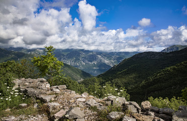 Fototapeta na wymiar Beautiful mountain view to the sea and mountains in Boka Bay, Montenegro