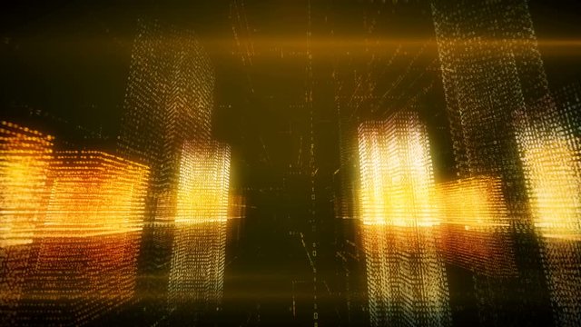 Seamless abstract flight in a virtual digital city in a binary code space, orange color