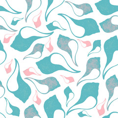 Seamless pattern with watercolor conch shells and phrase I love the sea. Stock illustration.