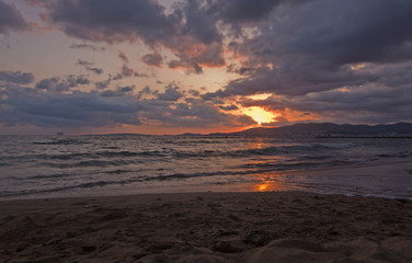 Fototapeta na wymiar Sunset from sandy beach in Mallorca