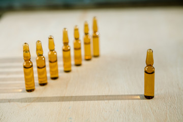 Group object of liquid medicinal agent in limpid glassware in medical laboratory.