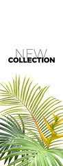 Summer tropical fashion design with exotic palm leaves and plants. Jungle vector floral template for new collection flyer or banner. Vector illustration.