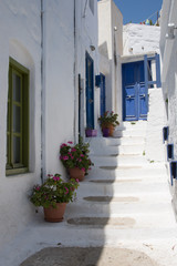 Narrow white streets in the Chora of Amorgos