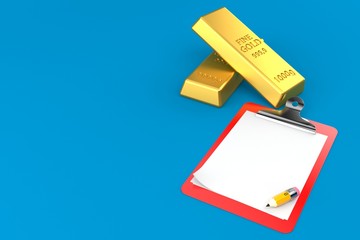 Gold ingots with blank clipboard