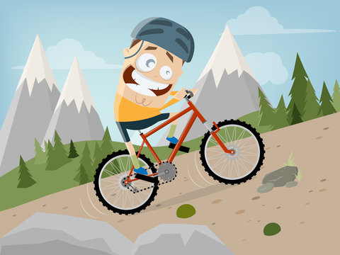 funny cartoon man is riding a mountain bike with landscape background