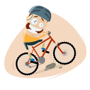funny cartoon man is riding a mountain bike