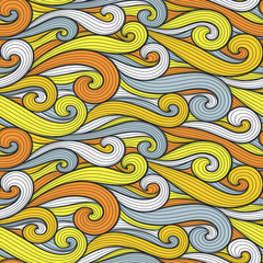 Abstract colorful curly lines seamless patterns set. Waves and curls vector illustration. Bright colorful seamlessly tiling background collection.