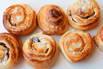 Buns with cottage cheese. Home baked buns. Rolls with sweet cottage cheese.