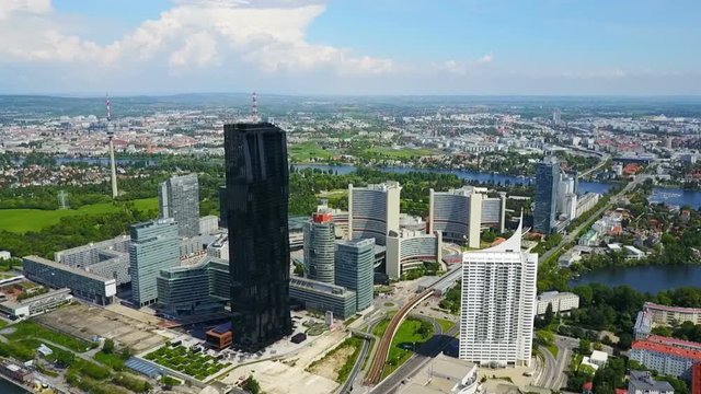 Danube City or Donaustadt aerial panoramic view. Danube City is the district of Vienna with skyscrapers and business centres, Austria.