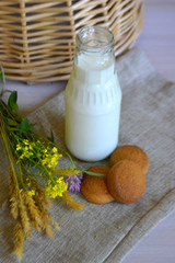 Breakfast. Milk and cookies on the table