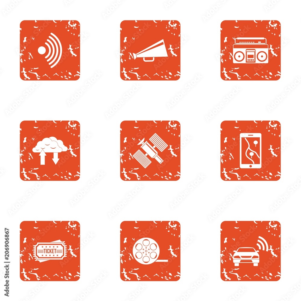Poster space communication icons set. grunge set of 9 space communication vector icons for web isolated on 