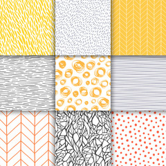 Abstract hand drawn geometric simple minimalistic seamless patterns set. Polka dot, stripes, waves, random symbols textures. Bright colorful vector illustration. Template for your design