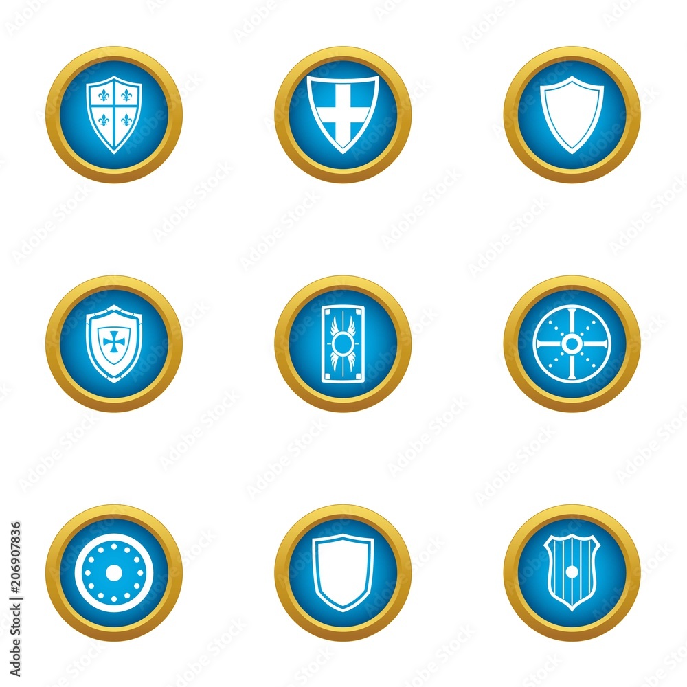 Poster ancient shield icons set. flat set of 9 ancient shield vector icons for web isolated on white backgr