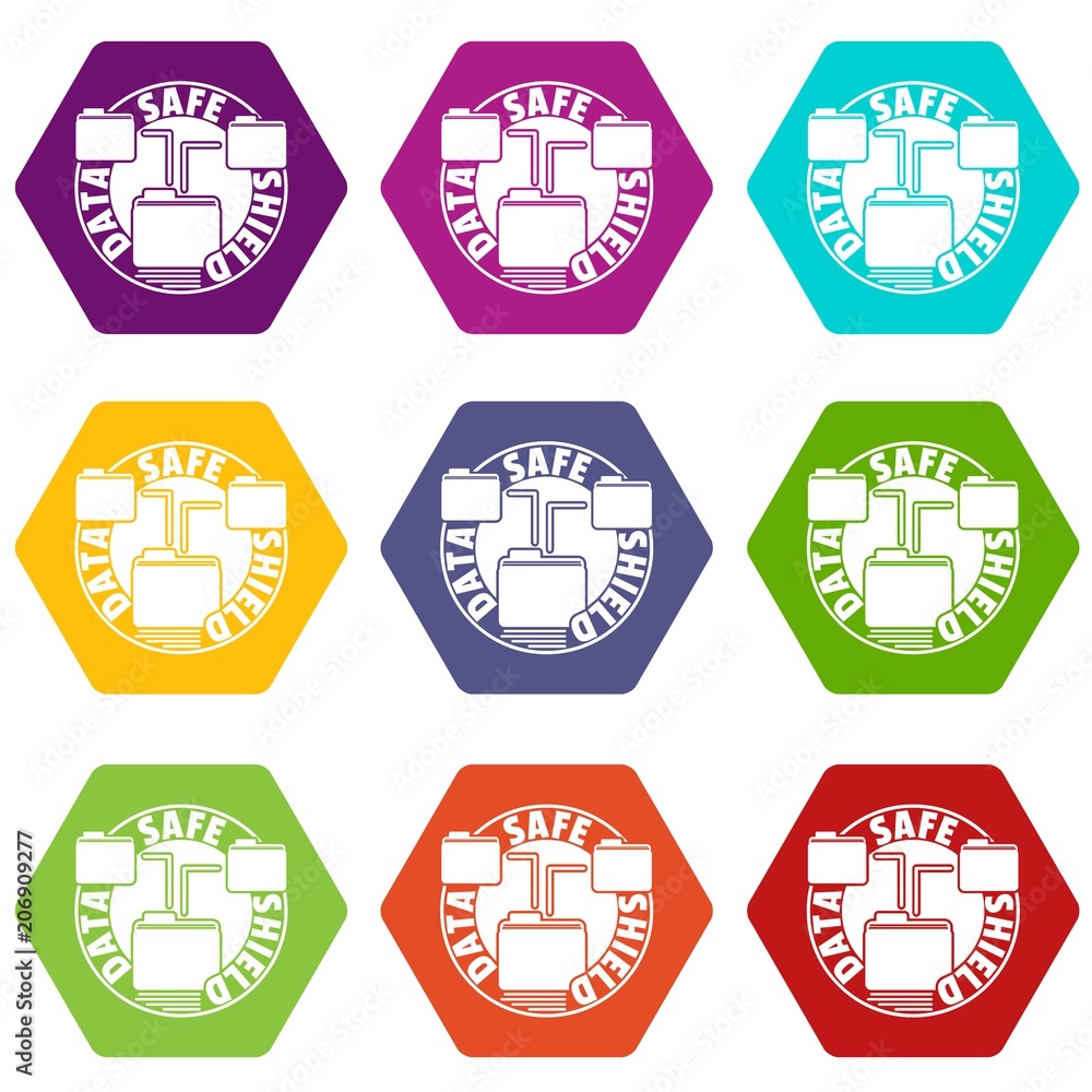 Poster data save shield icons 9 set coloful isolated on white for web