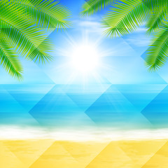 Fototapeta na wymiar Beach and tropical sea with palmtree leaves. Polygonal illustration consist of hexagonal elements. Triangular pattern for your summer travel design. Geometric background with gradient. EPS10 vector.