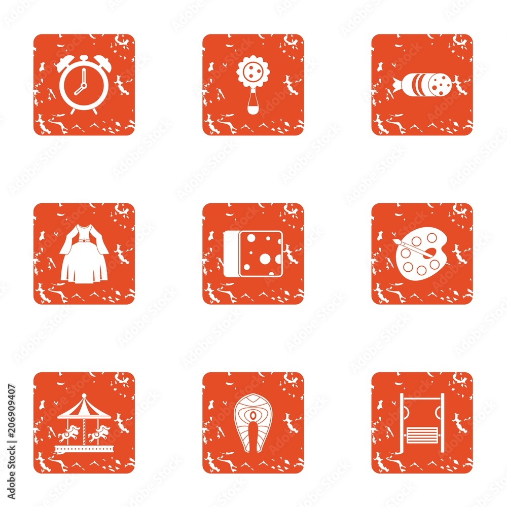 Poster child hobby icons set. grunge set of 9 child hobby vector icons for web isolated on white background
