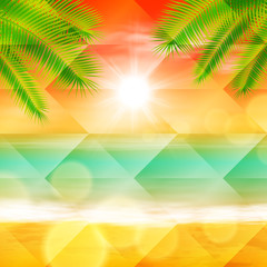 Fototapeta na wymiar Sea sunset with palmtree leaves and light on lens. Polygonal illustration consist of hexagonal elements. Triangular pattern for your summer travel design. Geometric background with gradient.
