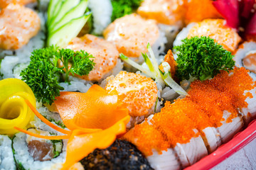Close up of a Various kinds of sushi rools food