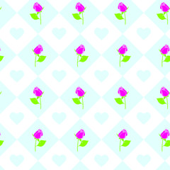 Roses and hearts seamless background - pattern for continuous replicate in light blue, magenta and green colors.