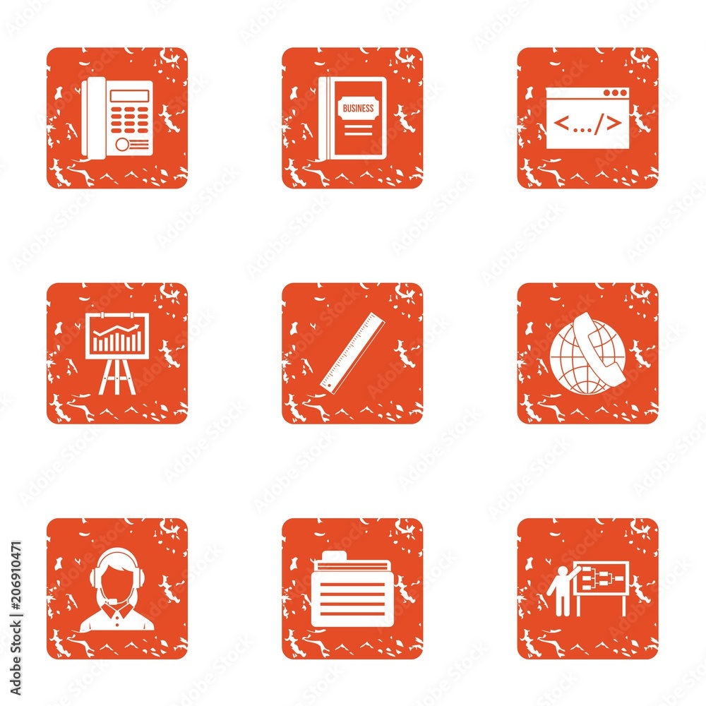 Poster learning online icons set. grunge set of 9 learning online vector icons for web isolated on white ba