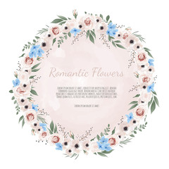 Vector floral design card. Greeting, postcard wedding invite template. Elegant frame with rose and anemone