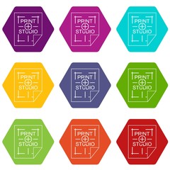 Print studio icons 9 set coloful isolated on white for web