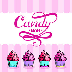 Candy bar handdrawn lettering with cupcakes for web, mobile, logo, infographics, visualizations,  postcards, T-shirt printing, banner, poster, promotion, advertising signboard