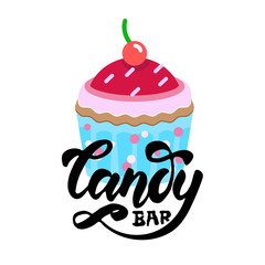 Candy bar handdrawn lettering with colorful cupcake for web, mobile, logo, infographics, visualizations,  postcards,T-shirt printing, banner, poster, promotion, advertising signboard