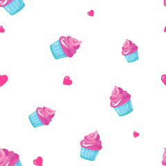 Pattern with sweets - cupcake and heart. Cute desserts background. Desserts background, design for wedding, birthday, baby shower, gift wrapping paper, menu, cafe and textile design