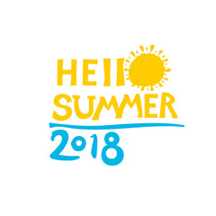 Hello Summer. 2018. Graphic inscriptions with sun and water summer symbol. Vector lettering template.