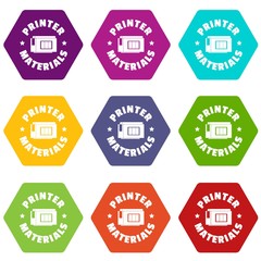Printer materials icons 9 set coloful isolated on white for web