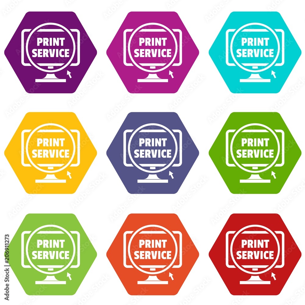 Poster print service icons 9 set coloful isolated on white for web