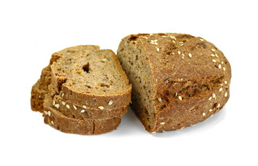 slices of black bread with pumpkin seed and sesame isolated on white background