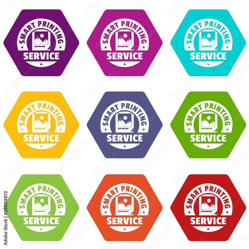 Poster smart printing service icons 9 set coloful isolated on white for web