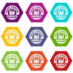 Smart printing service icons 9 set coloful isolated on white for web